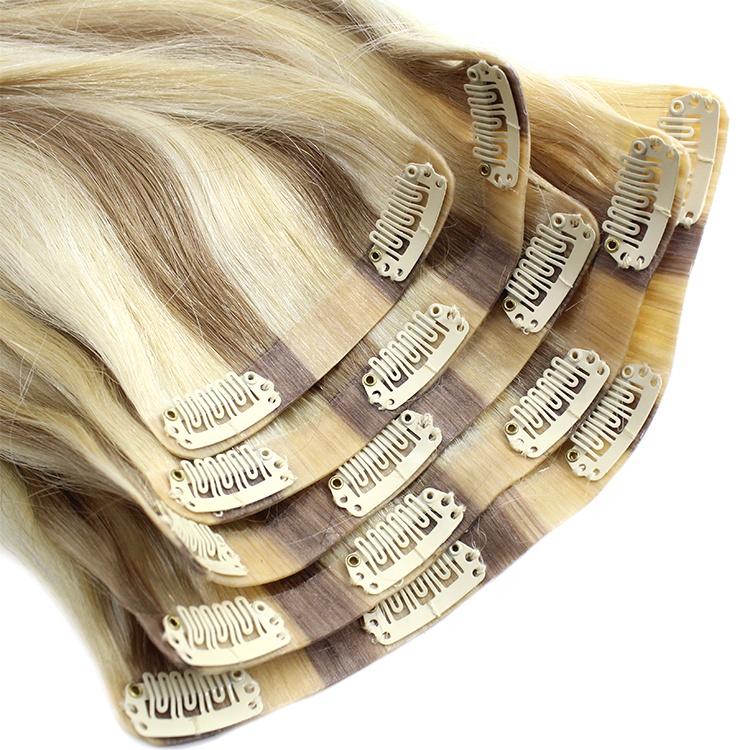 Full head Clip In Human Hair Extension tape in hair with clips